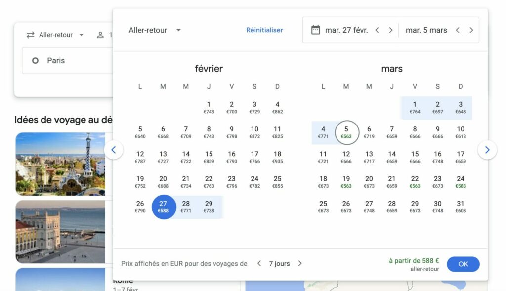 Google Flights - propositions de prix dans la recherche de vols