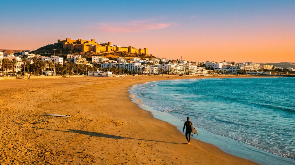 Vue panoramique de la plage d'Agadir au Maroc, avec un surfeur et la Kasbah d'Agadir Oufella au crépuscule.