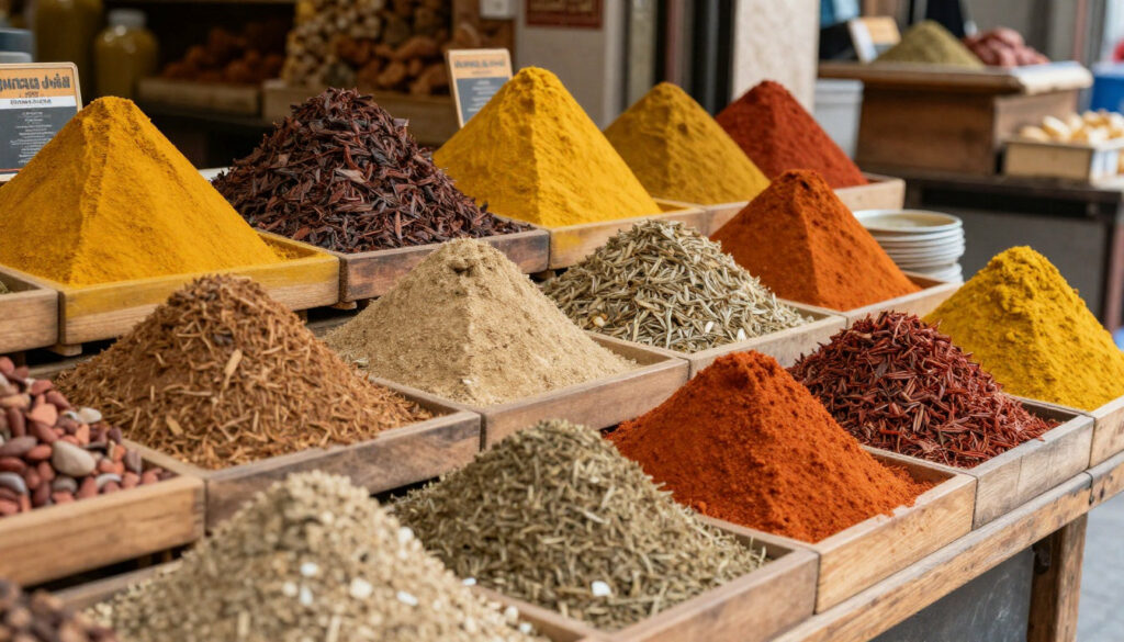 Etal d'épices colorées au souk