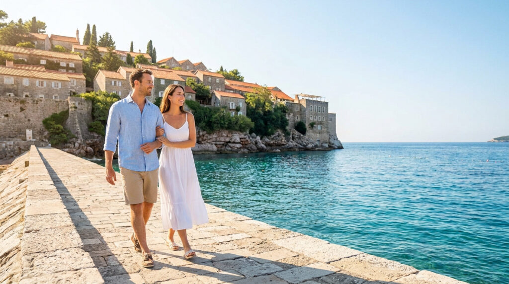 Un couple souriant se promène sur un chemin pavé au bord de la mer. En arrière-plan, une ville côtière pittoresque sous un ciel bleu.