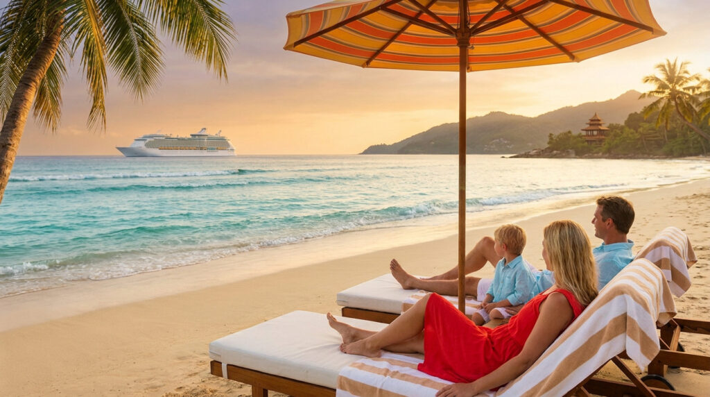 Famille sur des transats, plage tropicale au coucher du soleil avec paquebot, palmiers et pagode en arrière-plan.