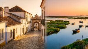 Vue composite de Faro: à gauche, rue pavée avec bâtiments blancs et arche; à droite, lagune avec bateaux et flamants au coucher du soleil.