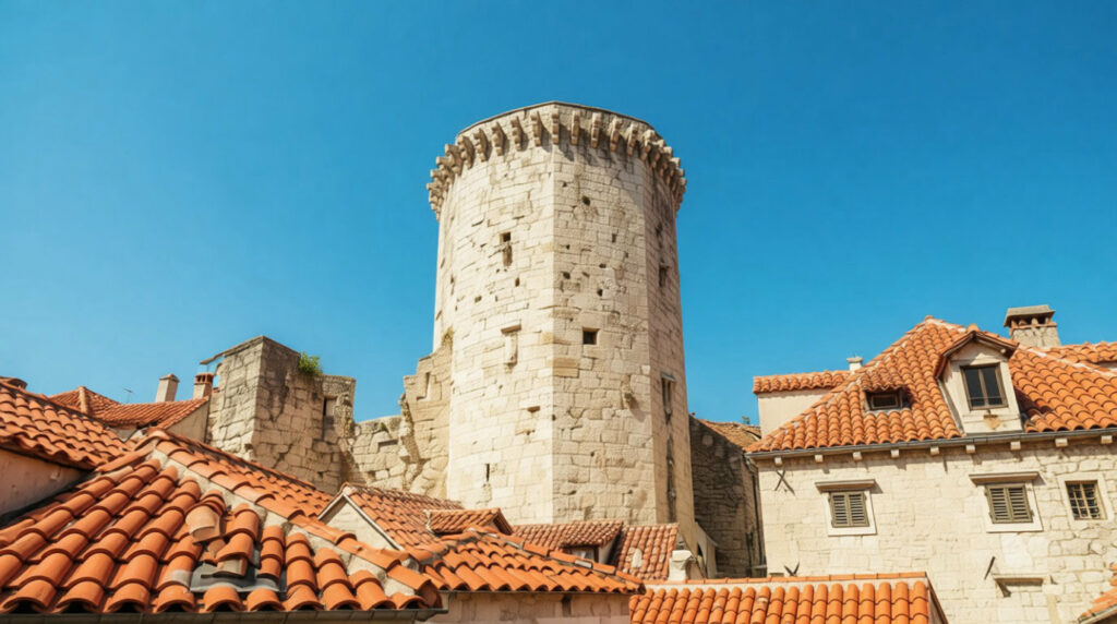 Une tour en pierre ancienne du Palais de Dioclétien, entourée de toits en tuiles rouges traditionnelles, sous un ciel bleu éclatant.