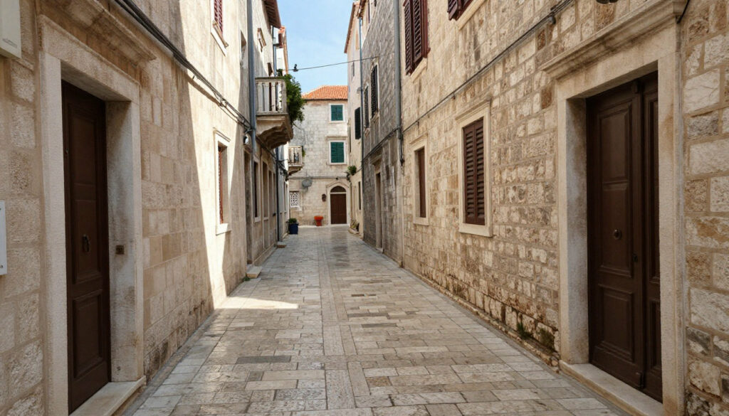 Ruelle pavée étroite avec des bâtiments en pierre clairs, volets marron/verts, portes en bois sombre. Près de Split.