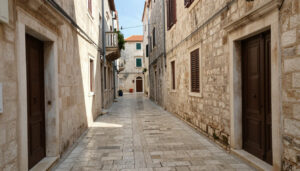 Ruelle pavée étroite avec des bâtiments en pierre clairs, volets marron/verts, portes en bois sombre. Près de Split.