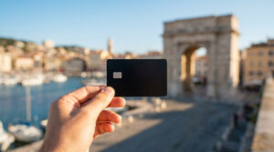 Une main tient une carte bancaire noire vide devant un port méditerranéen et un arc de triomphe flous.