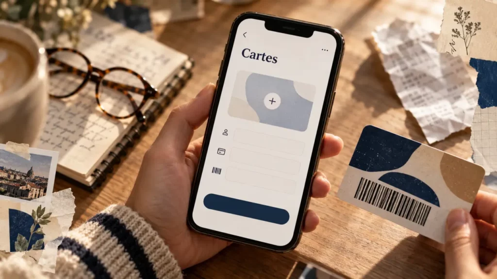 Ajouter carte fidélité Wallet iPhone, écran Cartes et carte de fidélité physique