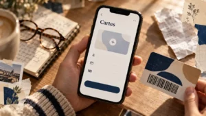 Ajouter carte fidélité Wallet iPhone, écran Cartes et carte de fidélité physique