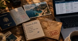 Astuce pour gagner des voyages : carnet concours & miles sur table avec passeport et suivi en ligne