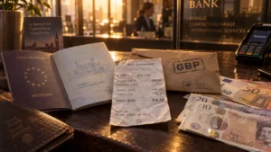 Changer des euros en livres sterling au Crédit Agricole : passeport, reçu et devises (7 à 10 jours avant le départ).