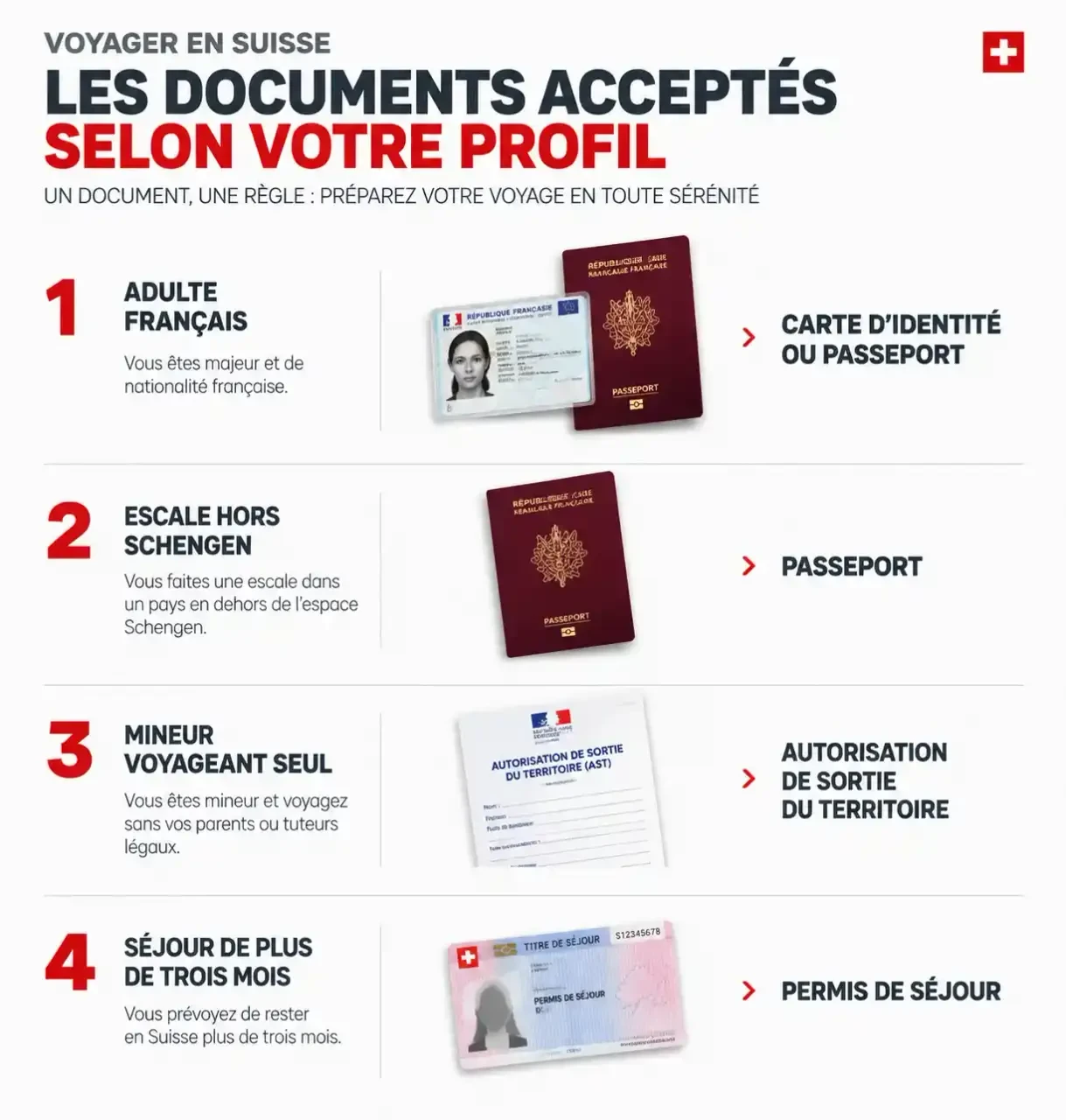 Documents requis pour les conditions de voyage en Suisse selon le profil : adulte, escale, mineur et séjour long