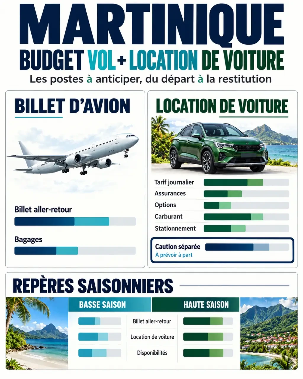 Infographie sur le billet avion location voiture Martinique et les principaux coûts à prévoir
