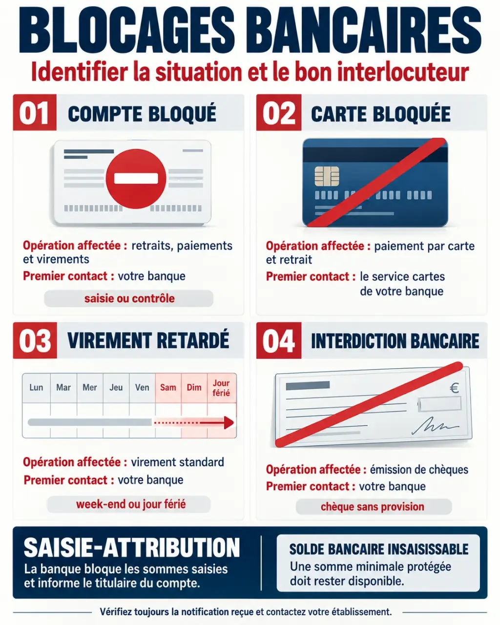 Banque bloque : infographie des causes et démarches selon le type de blocage bancaire
